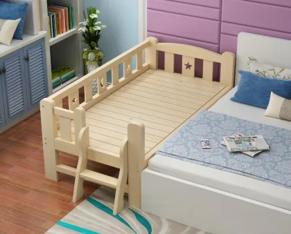Single Child Solid Wood Boy Wooden Baby Bed Cot with Guardrail