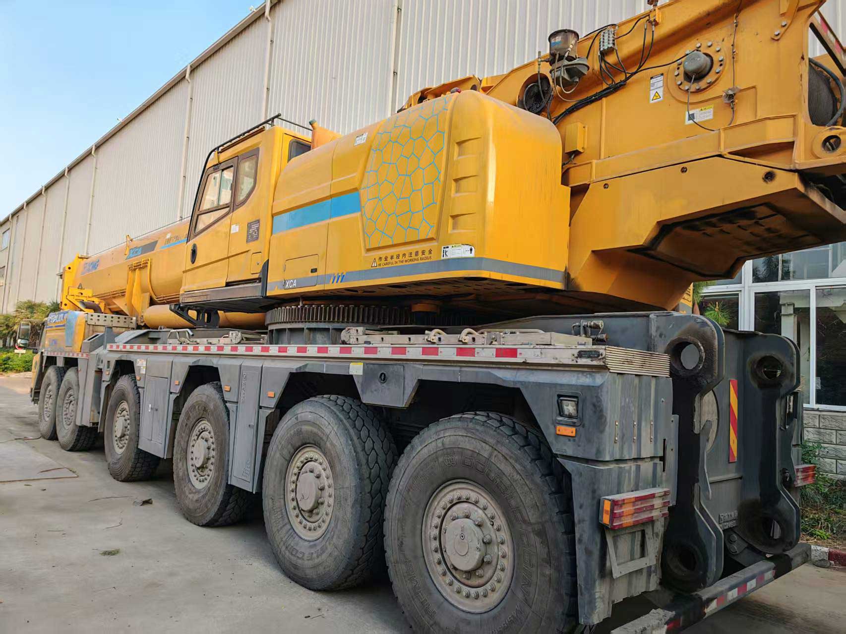 Rear-three-quarter-angle-of-used-all-terrain-crane-with-boom-lowered-XCA460