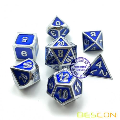 Bescon Deluxe Shiny Chrome and Blue Enamel Solid Metal Polyhedral Role Playing RPG Game Dice Set of 7
