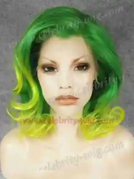 Green Ombre Yellow Elegant Curly Synthetic Lace Front Wig
