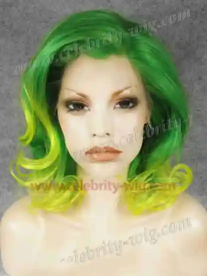 Green Ombre Yellow Elegant Curly Synthetic Lace Front Wig