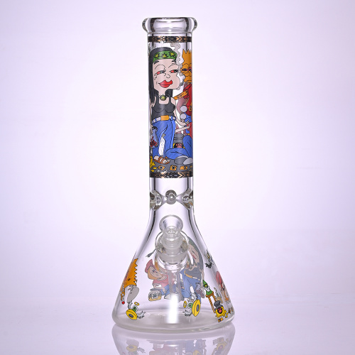 35 cm / 13,8 pouces, verre hippies, bang de bécher en verre avec autocollants de dessins animés, pipe d'eau en verre borosilicate, bang en verre, narguilé en verre