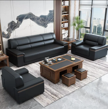 Modern Minimalist Chinese Business Office Reception Set: Leather Sofa, Tea Table Combination
