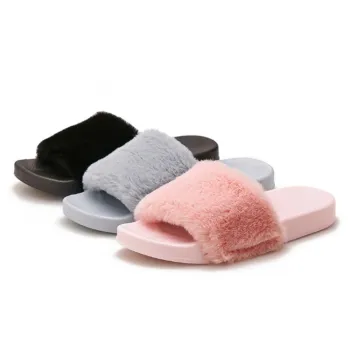 Summer Faux Fur Slides PVC Flat Fluffy Slippers