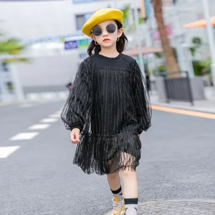 Autumn new big girl children clothes girl dresses black mesh shein dress