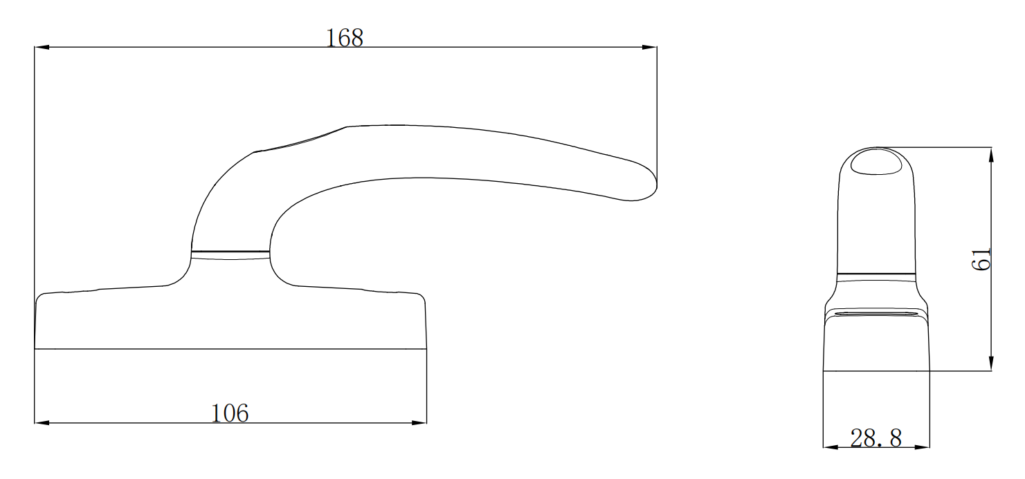 BC308 aluminum window handle technical drawing with handle and base dimensions