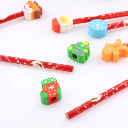 Christmas Red Cute Wooden Pencil Set with Eraser for Kids