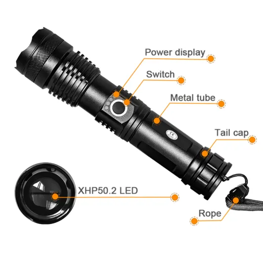 Best Camping and Outdoor LED Torch: Torch 5 Modes USB Zoom with XHP50 LED, Compatible with 18650 or 26650 Battery