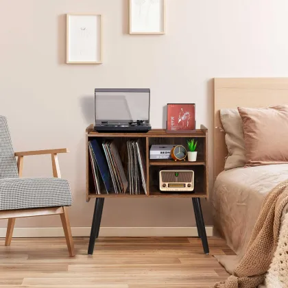 Wooden Record Player Stand with 4 Cabinets - Vinyl Record Storage Organizer Table