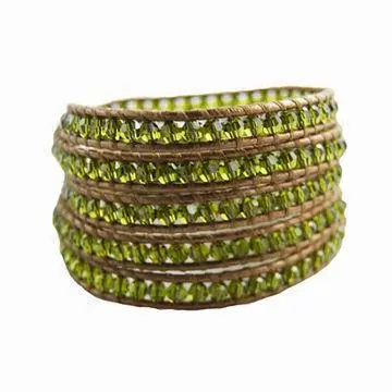 Olivine Crystal Wrap Bracelet, Kansa Leather
