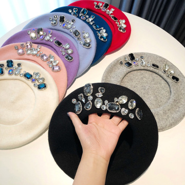 2025 Women's Wool Beret with Diamond Rhinestone Accents