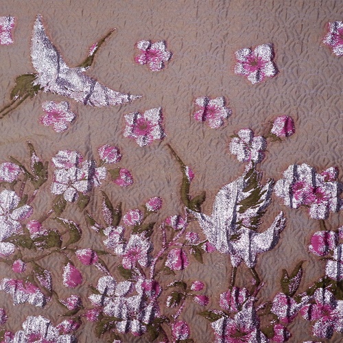 Brązowo-kwiatowy różowy brokat żakardowy