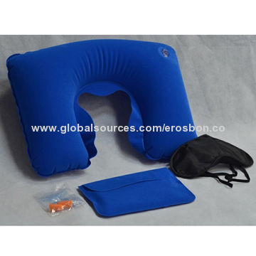 Travel Pillow with Pouch, Inflatable, Made of PVC Flocked, Customized Logos/Designs are Accepted