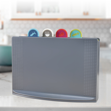 4 Color Plastic Cutting Board Set with Anti-slip Design, Dishwasher Safe, Includes Holder