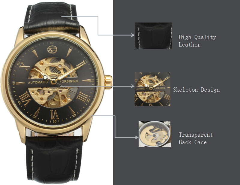 Leather Band Automatic skeleton gold dial watch