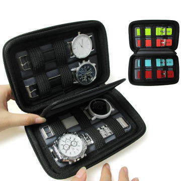 Penyimpanan Jam Tangan Waterproof: Black Hard Shell 4 Slot Watch Box Organizer Dengan Zipper Casing untuk Pita Tali Watch