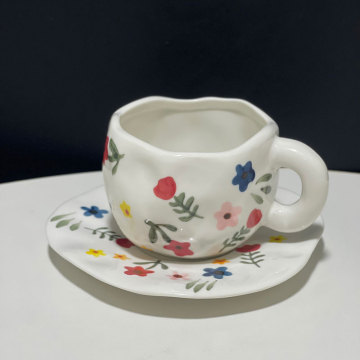 Irregular Hand-Painted Cherry Blossom Ceramic Coffee Cup and Saucer Set with Customized Logo