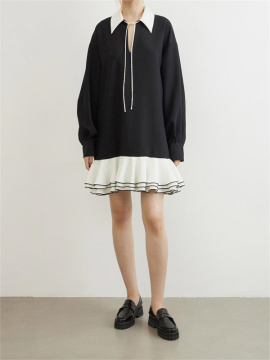 Flip Collar Lace Up Fake Two-Piece Dress