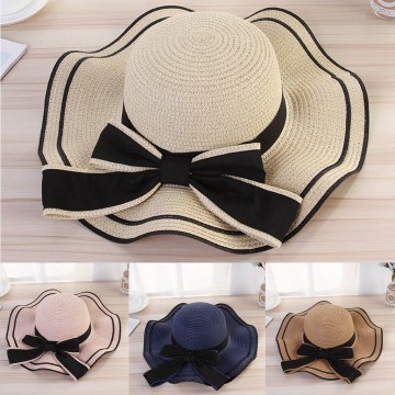 Women Beach Straw Hat Jazz Sunshade Panama Fedora Hat Ladies Elegant Bow Knot Ruffles Gangster Cap Se6