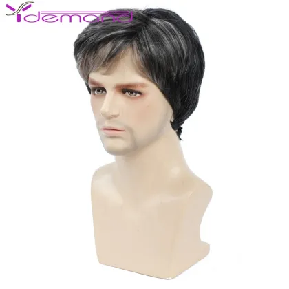 Y Demand Middle-Aged And Elderly Wigs Short Hair Fluffy Wig Straight Black And Gray Mixed Color Wholesale Synthetic Handsome