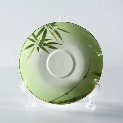 Oriental Green Bamboo Decal Porcelain Coffee & Tea Cup Set - 15pcs Dinnerware