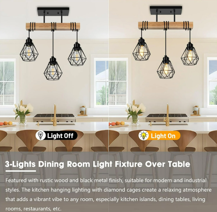 3 - Light Kitchen Island Lighting Pendant Light Fixtures over Table Wood Hanging Lamp with Metal Shades for Dining Table Living Room Hallway (7)