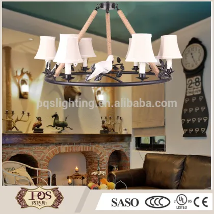 Holy pigeon wrapped rope pendant light with fabric shade, chandelier lights