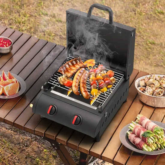 Multifunctional Tabletop Gas Grill 2 inox Burners BBQ Portable Camping Propane Barbecue Mini Flat Plancha Grills