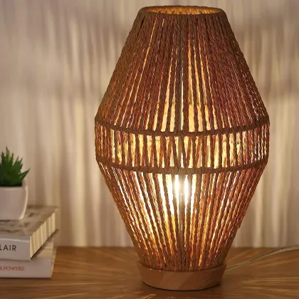 Retro Chinese Hemp Rope Table Lamp - Handmade Rattan Bedside Light for B&B Bedrooms