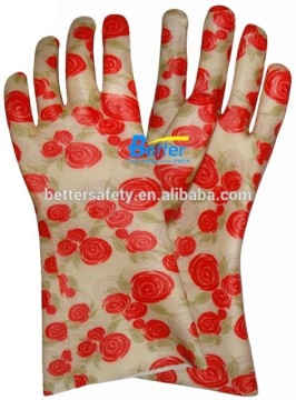 Fashion Flower Cotton Lined Red PVC Fully Coated Construction Gloves