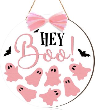 Hey Boo Pink Ghost Wooden Door Hanger