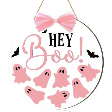 Hey Boo Pembe Hayalet Ahşap Kapı Askısı