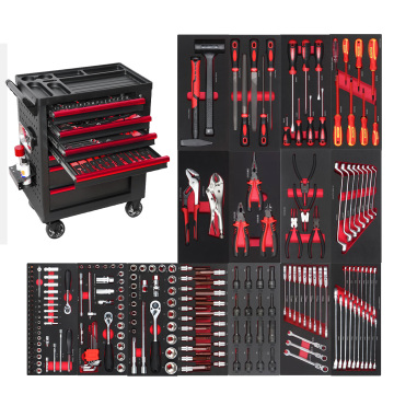 Tool Trolley with Roller Garage Cabinet and 246-PCS Tools Set in EVA Foam Tray for Workshop and Auto Repair