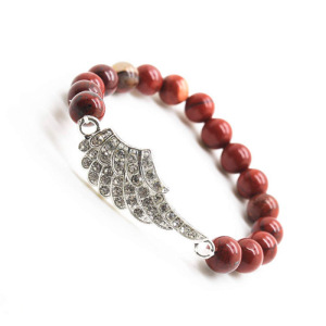 Red Jasper 8MM Round Beads Stretch Gemstone Bracelet with Diamante alloy Wing Piece