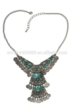Gypsy Womens Silver Long Turquoise Pendant Jewelry Necklace