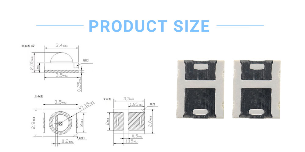 Size of 2835PBC48D2L12A60 480nm Single Color Dome Lens SMD LED 60 Degree