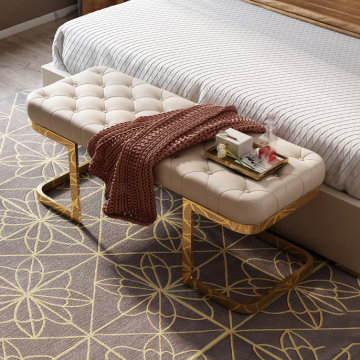 High Class Elegant Italian Design Tufted Cream White Leather Bench with Stainless Steel Modern Bed Bench