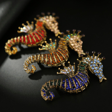 Blue Green Rhinestone Seahorse Brooch Pin Pendant - Black Tone Sea-Themed Costume Jewelry