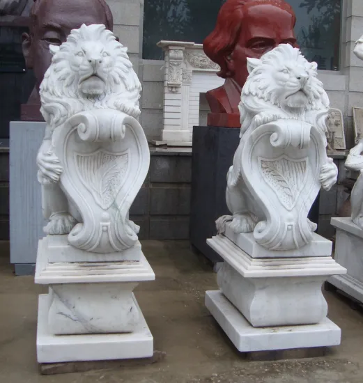 JK Stone Carving Life-Size Pair Marble Sitting Lion statues for Front Door
