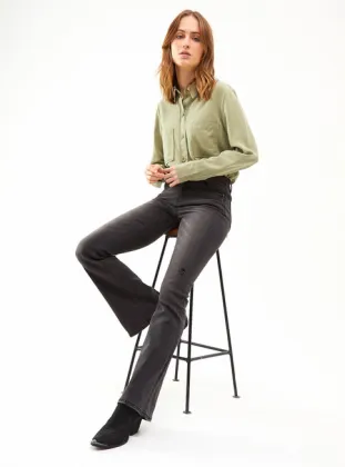 Ladies Green Color Cotton Linen Texture Casual Shirt