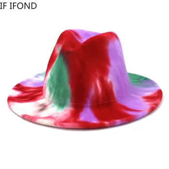 2021 New Unisex Tie dye Wool Felt Fedora Hats Fashion Spring Wide Brim Panama Jazz Hat Trilby Cap