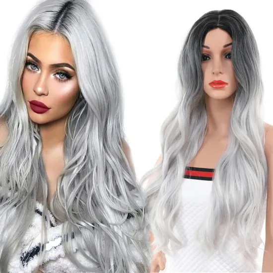 Middle Part Brown Heat Resistant Fiber Synthetic Wig Long Body Wave Blue Hair Wigs for Women Machine Made Cosplay Wig