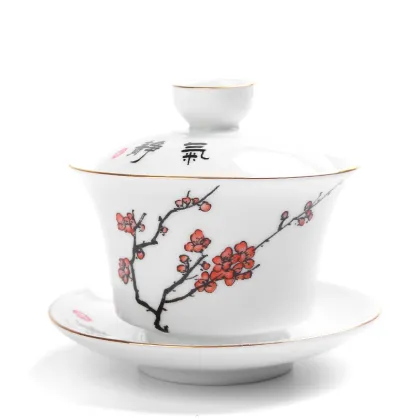 Plum Flower Pattern Gongfu Tea Cup Set with Gilded Borders