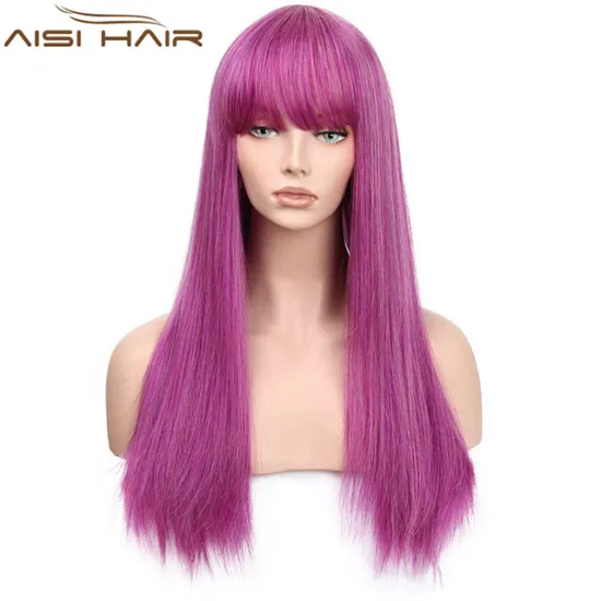 Top Quality Purple Wigs For Women With Bangs Synthetic Long Silky Straight Wave Wig