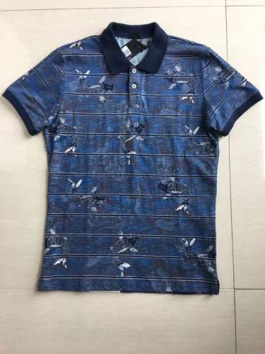 Navy Blue Striped Fish Print Polo Sleeve courte