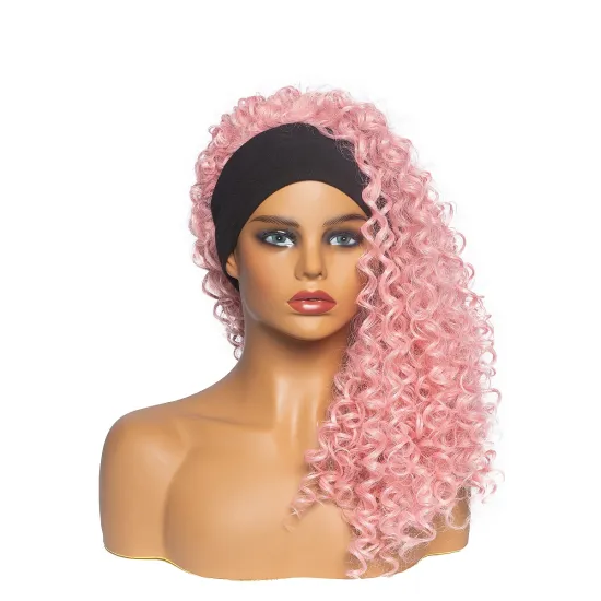 Hot Selling Long Synthetic Afro Curly Pink Headband Wigs for Black Women with Black Head Wrap Wigs 2 in 1