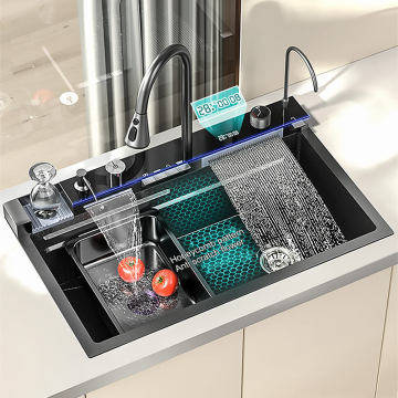 Modern Multifunction Black Stainless Steel 304 Waterfall Bowl Sink with LED Display