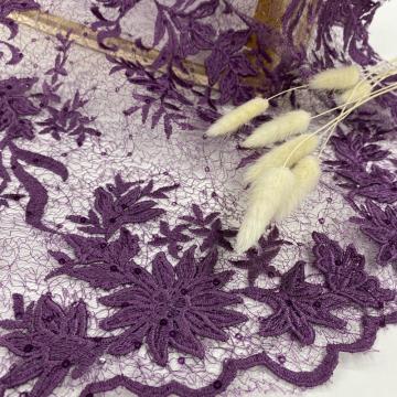 3D Violet Shiny Poly Yarn Flower Embroidery Fabric
