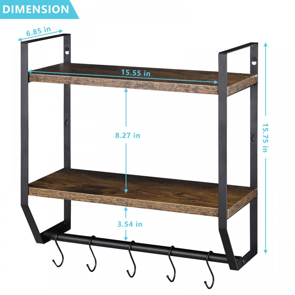 Wooden Shelf With Metal Hooks