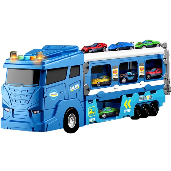 Transport Car Carrier Truck Playset with 6 Cars, Race Track, Lights & Sounds - Perfect Blue Kids Gift